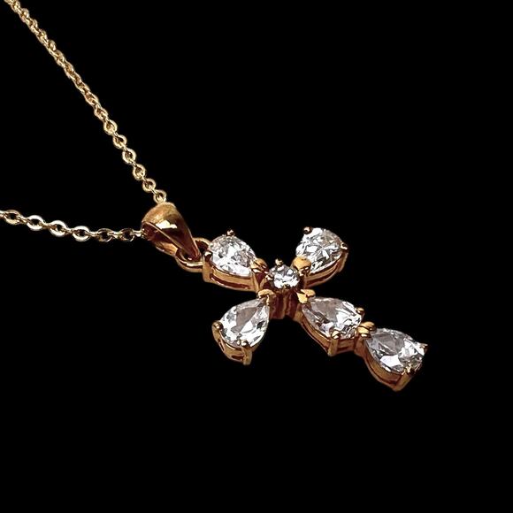 Cross Pendant Necklace Rhinestones Open Back Delicate Goldtone Chain Elegant 15" - Picture 8 of 15